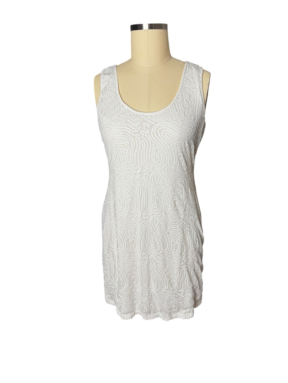 White CK Sequin Paisley Mini Dress Sleeveless Party Cocktail Clubwear Sz L